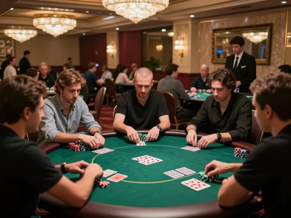 Engaged players at a professional poker tournament strategizing their next move in a vivacious casino.