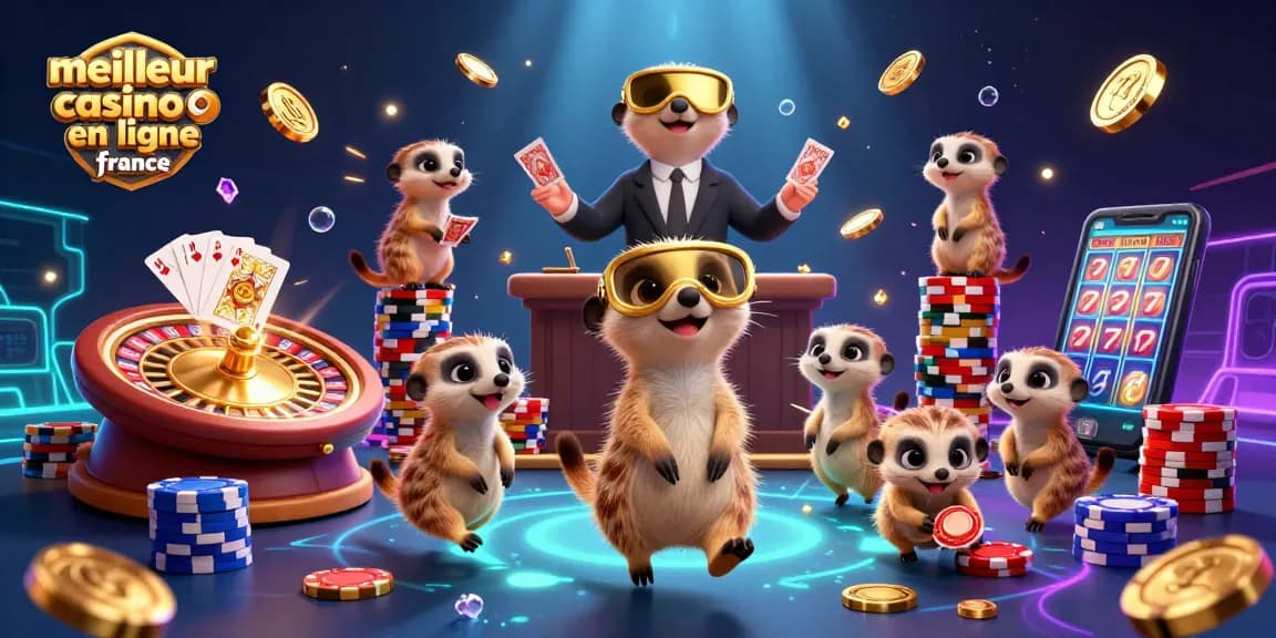 Jouer dans le meilleur casino en ligne France avec des suricates animés et des pièces dorées s'envolant.