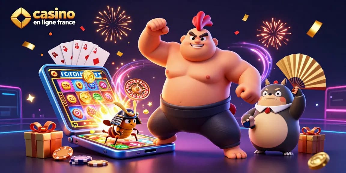Vivez l'excitation des jeux de casino en ligne France avec une illustration dynamique de personnages et d'éléments de jeu captivants.