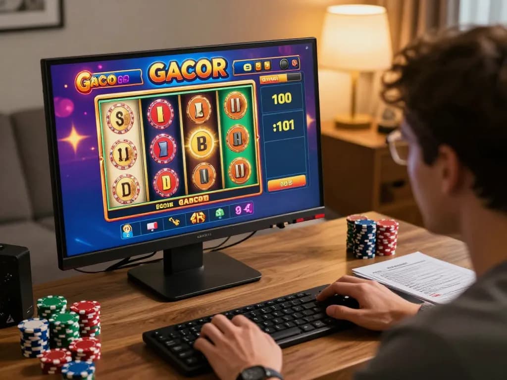 Player enjoying a slot gacor online game on a sleek desktop setup, showcasing vibrant graphics and immersive gameplay.
