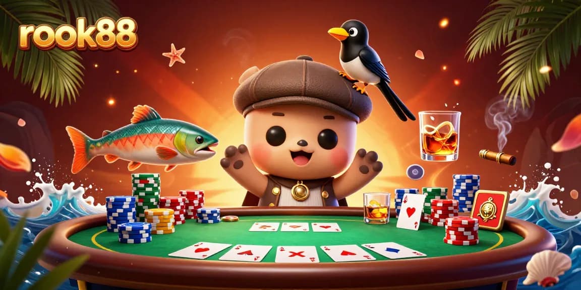 Experience thrilling gameplay with rokok88, illustrated in a colorful casino scene with exciting poker elements.