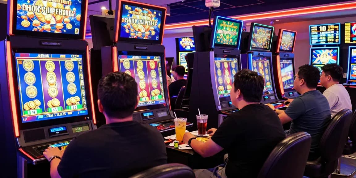 Exciting group enjoying slot 5k gaming experience with vibrant machines and neon lights.