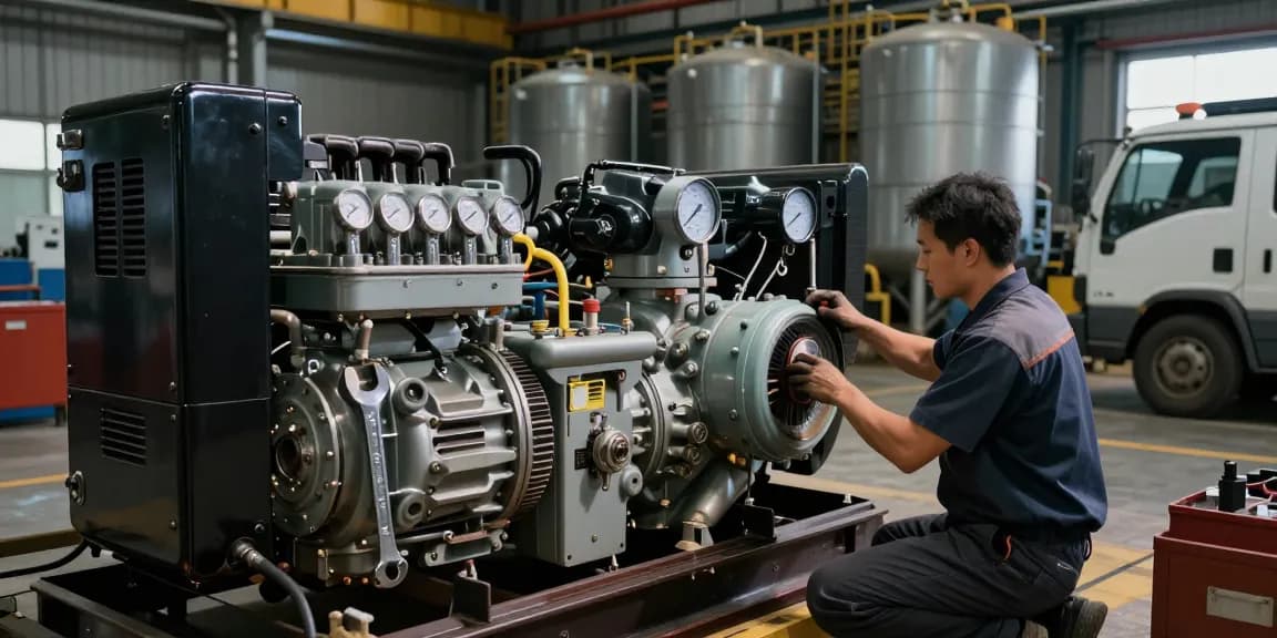 Technician maintaining a diesel genset in an industrial setting, showcasing energy efficiency.