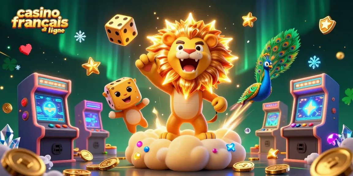 Profitez des jeux de casino français en ligne avec des personnages colorés dans une scène dynamique.