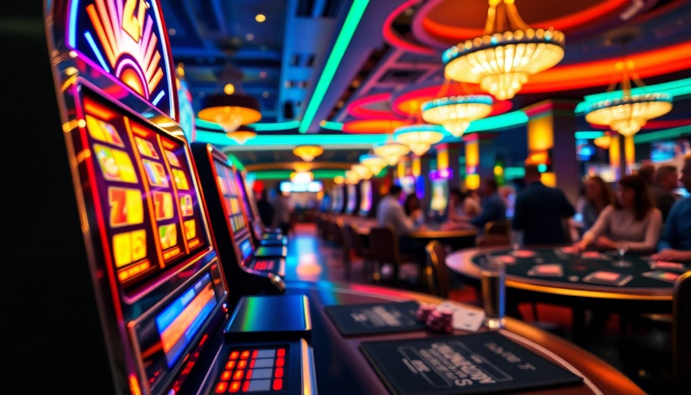 Permainan slot bbni4d yang mengundang di kasino yang ramai dengan lampu berwarna-warni.