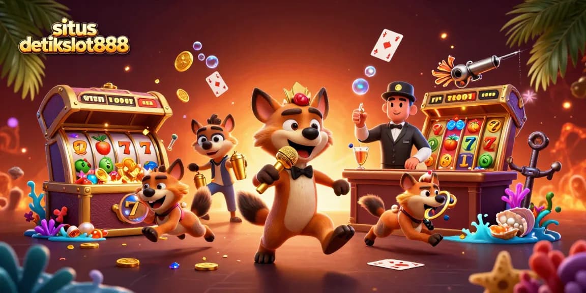 Situs detikslot888 menampilkan hyena kartun menjalankan klub kasino komedi dengan banyak elemen menarik di sekitarnya.