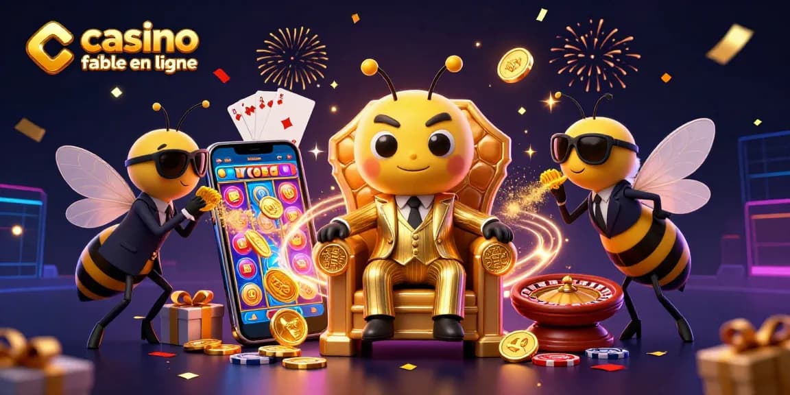 Illustration animée représentant un casino fiable en ligne avec des éléments de jeux variés, ambiance festive et énergique.