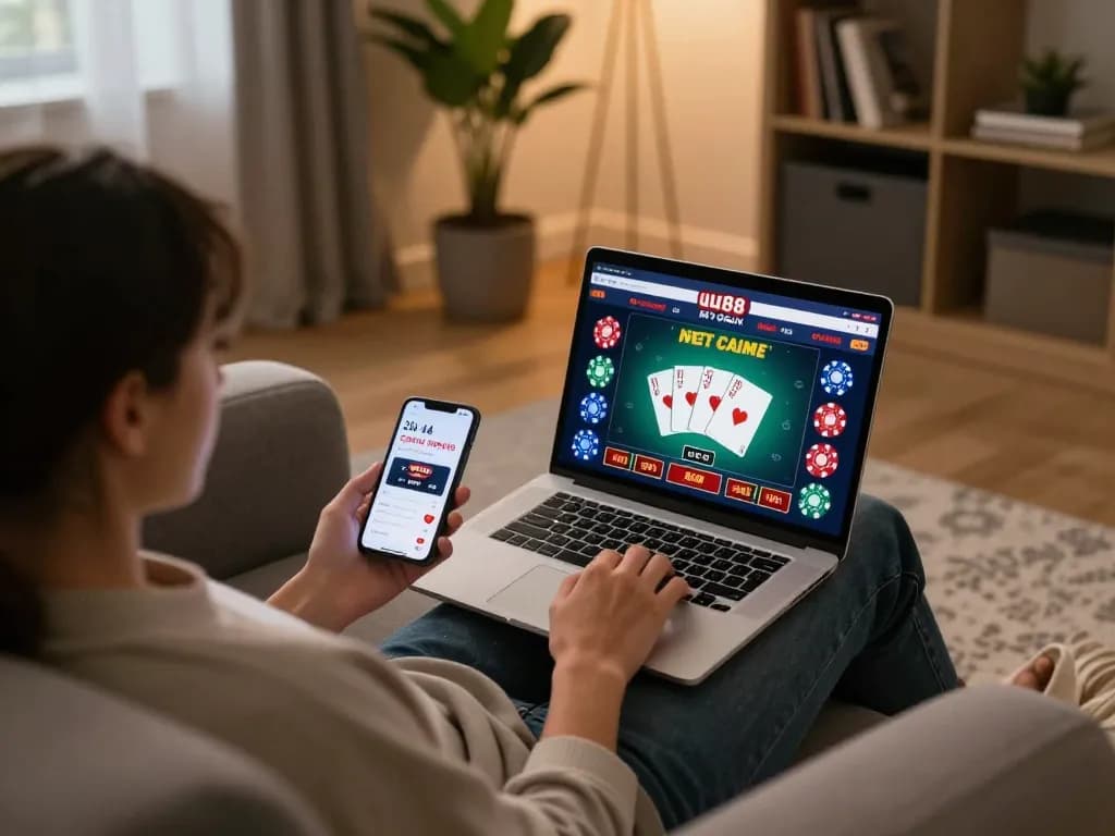 Engaged player enjoying a match on uu88 net while seated in a cozy gaming setup at home