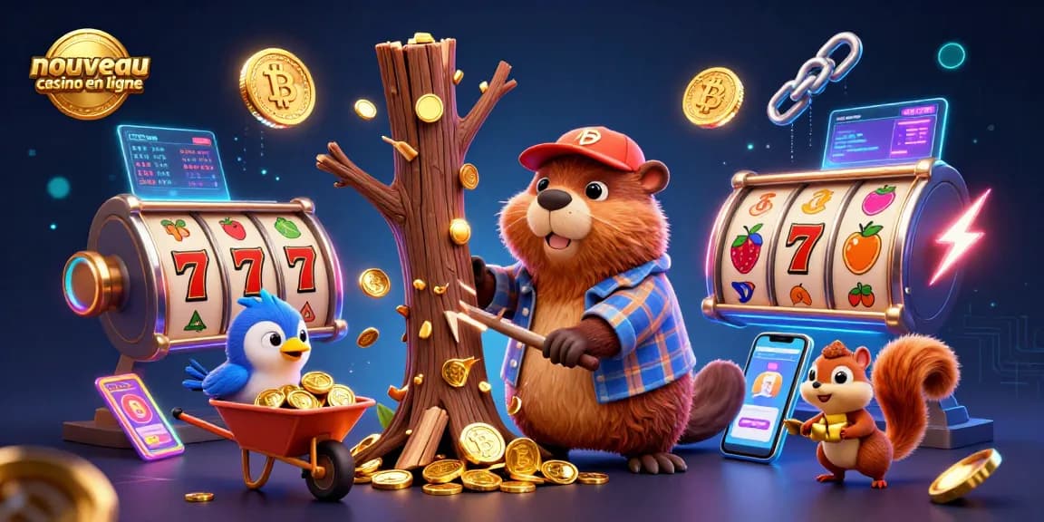 Jouez avec des jackpots au nouveau casino en ligne, illustre un castor en train de récolter des pièces d'or.