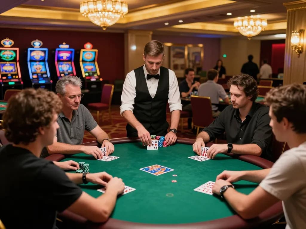 Cheering players enjoying a thrilling poker game at a casino table, showcasing strategy at sky88.