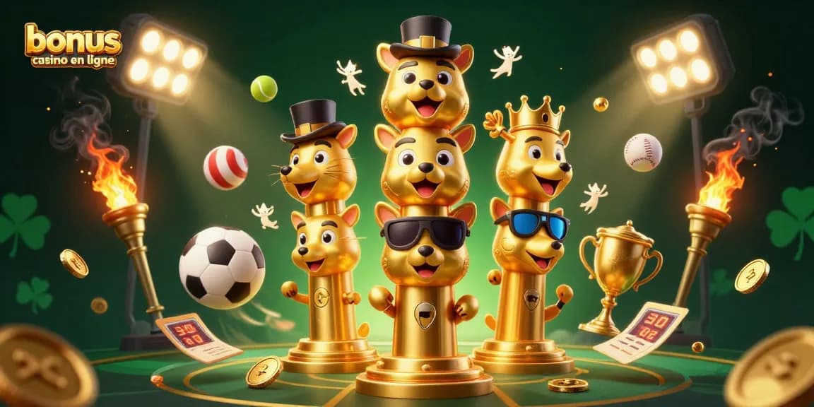 Profitez du bonus casino en ligne avec cette illustration dynamique d'éléments de casino et de personnages colorés.