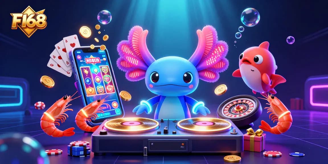 Experience the vibrant excitement of F168 with an engaging underwater casino scene featuring lively characters and games.
