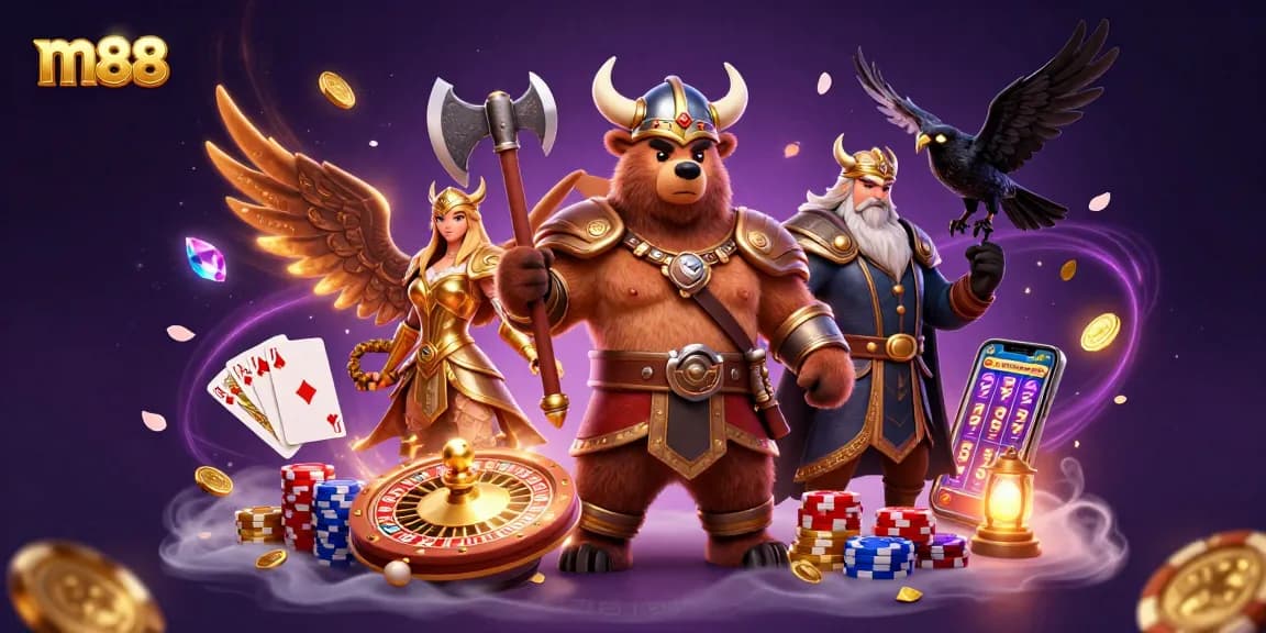 Experience thrilling winning moments with m88's vibrant casino elements featuring Viking characters and magical rewards.
