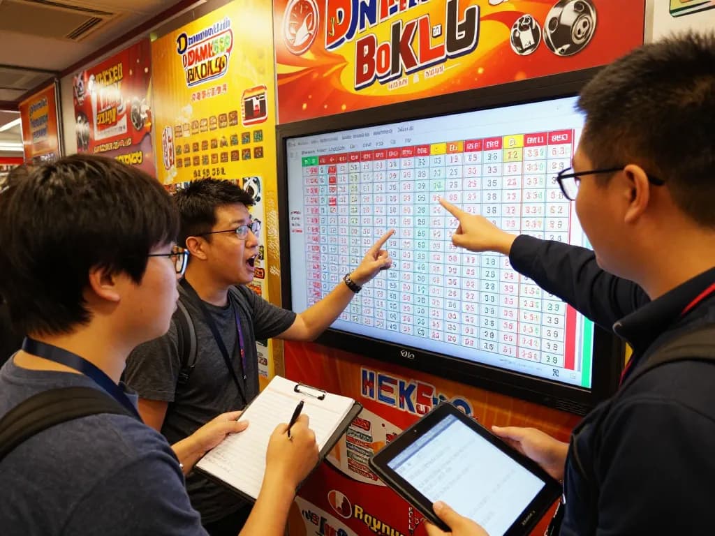 HK Lotto players excitedly check lottery results in a vibrant hall, showcasing community and anticipation.