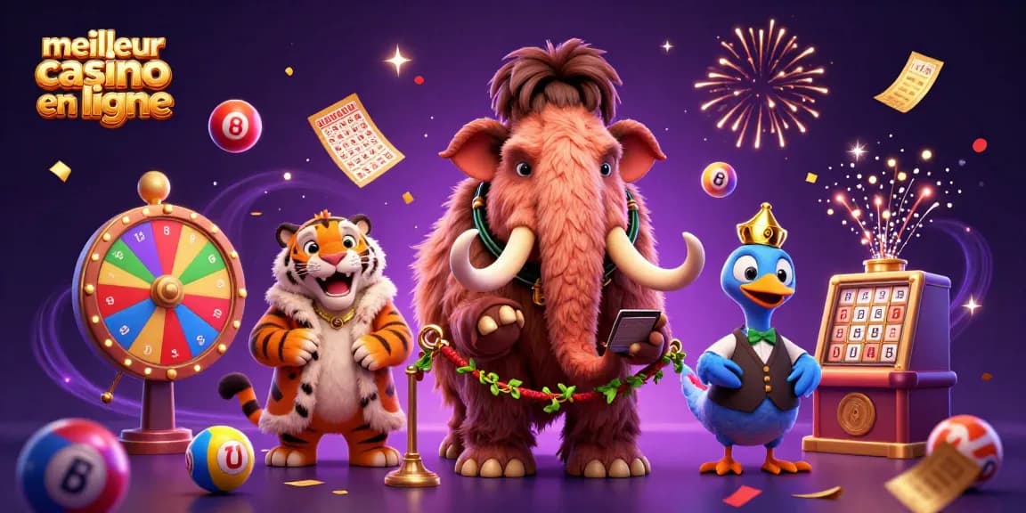 Profitez du meilleur casino en ligne avec cette scène animée et colorée de personnages emblématiques et d'éléments de jeu.