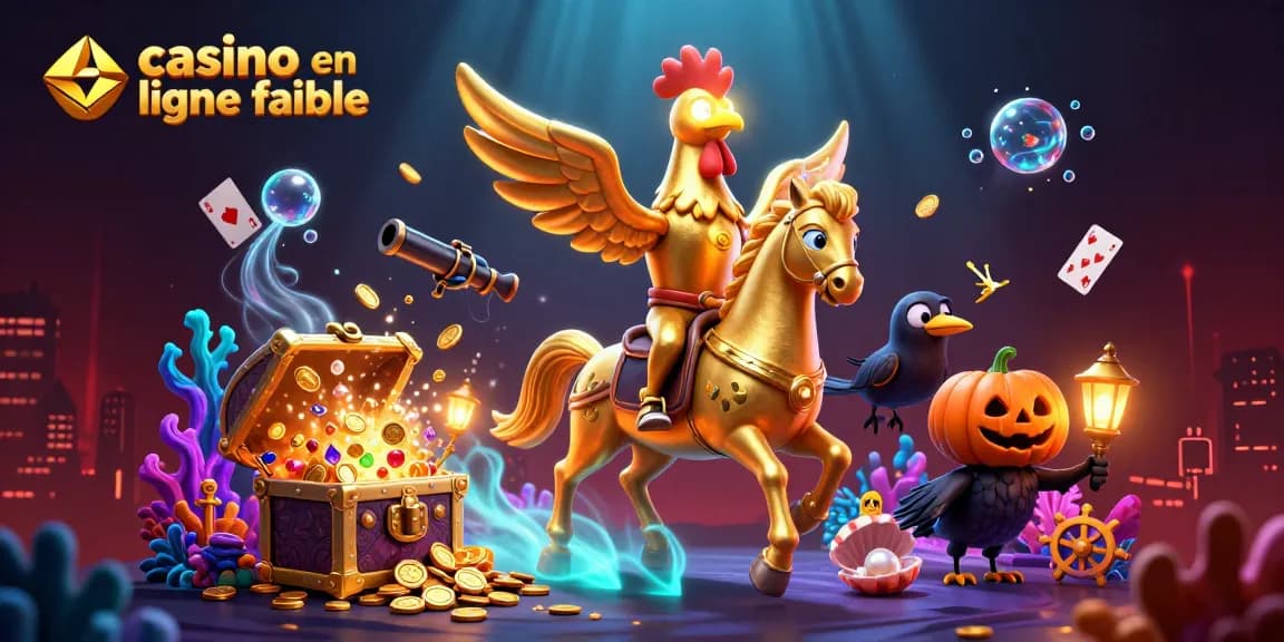 Explorez le casino en ligne fiable avec des jetons d'or et des jeux dynamiques dans un décor coloré.