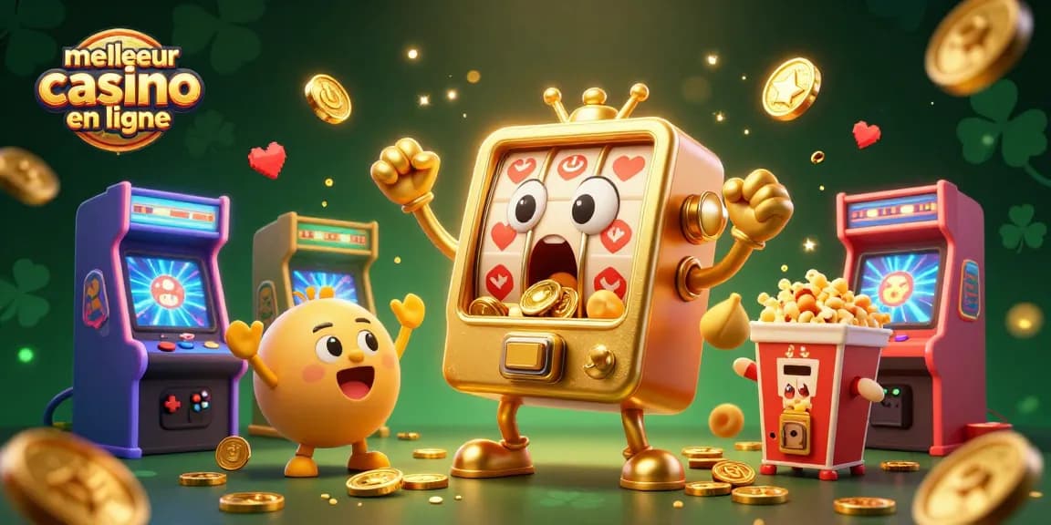 Admirez le meilleur casino en ligne avec une machine à sous dorée célébrant un jackpot, entourée de machines à sous et de jeux colorés.