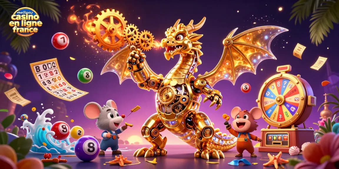 Vivez l'expérience intense du meilleur casino en ligne France avec des éléments de loterie colorés et un dragon mécanique captivant.