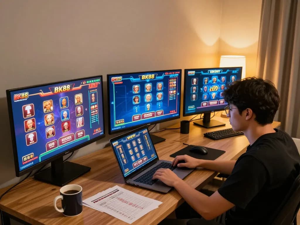 Engaged player enjoying BK88 online games on multiple screens in a cozy gaming setup.