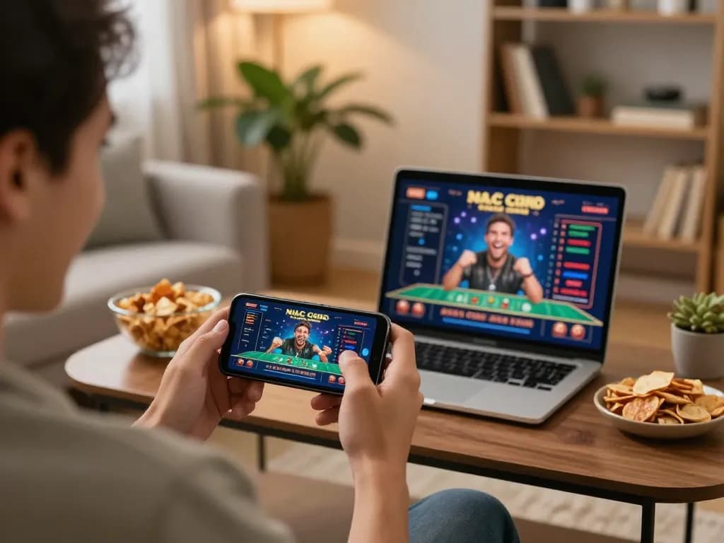 Engaging in situs pajaktoto mobile gaming experience in a cozy home setting with snacks and relaxed atmosphere.