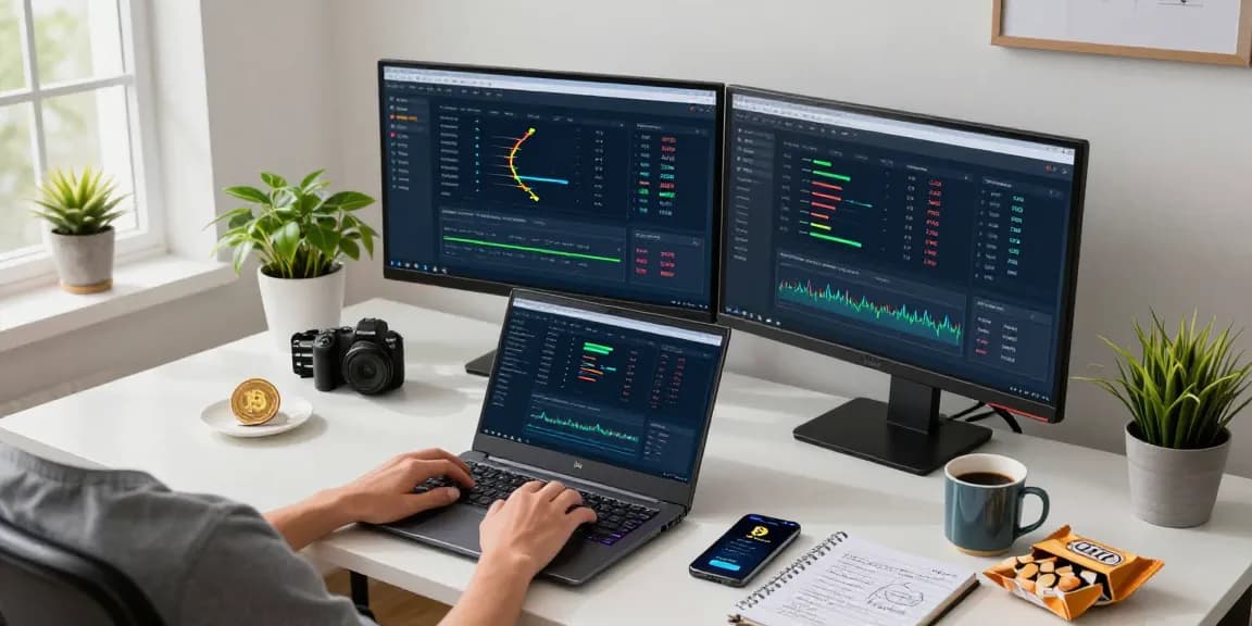 bitcoin mining workspace showing cryptocurrency stats, laptop, and wallet