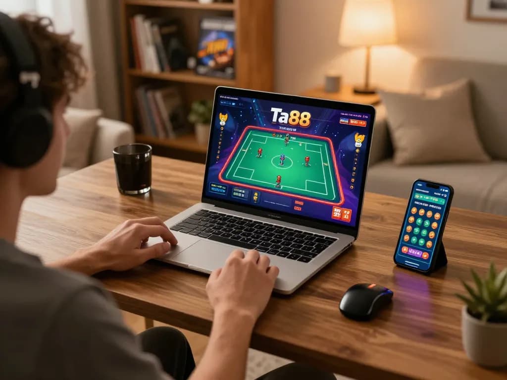 Experience thrilling gameplay at ta88 casino with a player engaged in online gaming at home
