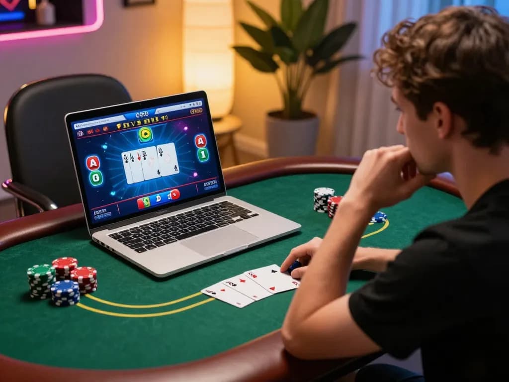 Engaging online poker game on u888 platform with vibrant chips and a thoughtful player.