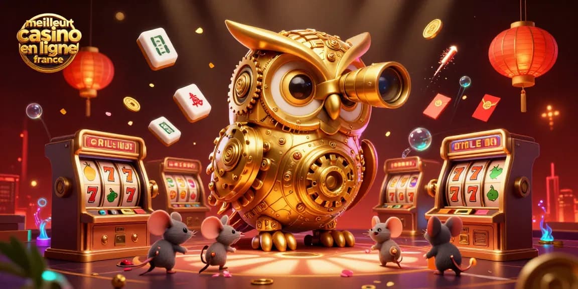 Visualisez le meilleur casino en ligne France avec une scène animée de machines à sous et un hibou doré.