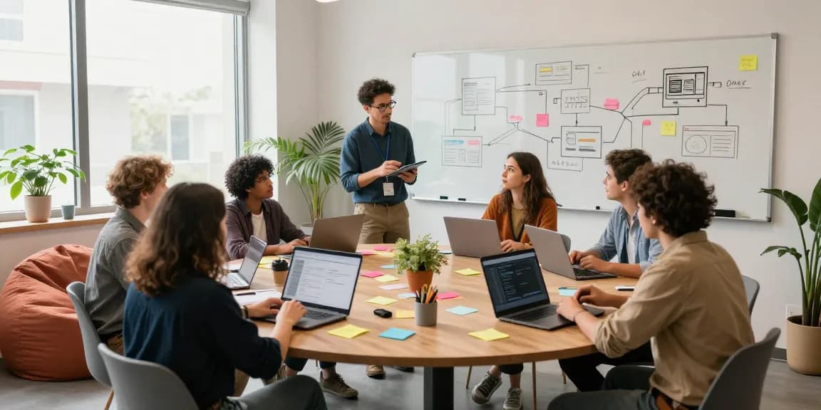 Collaborative tech workspace at migliorhosting.info showcasing a diverse team brainstorming and designing innovative software solutions.