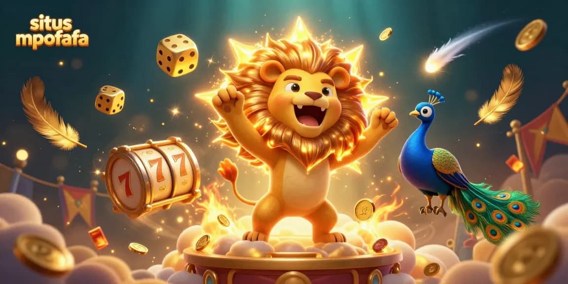 Situs mpofafa presents an action-packed casino scene with a roaring sun lion, golden dice, and casino elements.