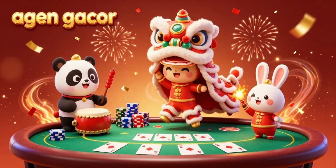 Engaging casino scene with lion dance and a poker table showcasing the excitement of agen gacor.