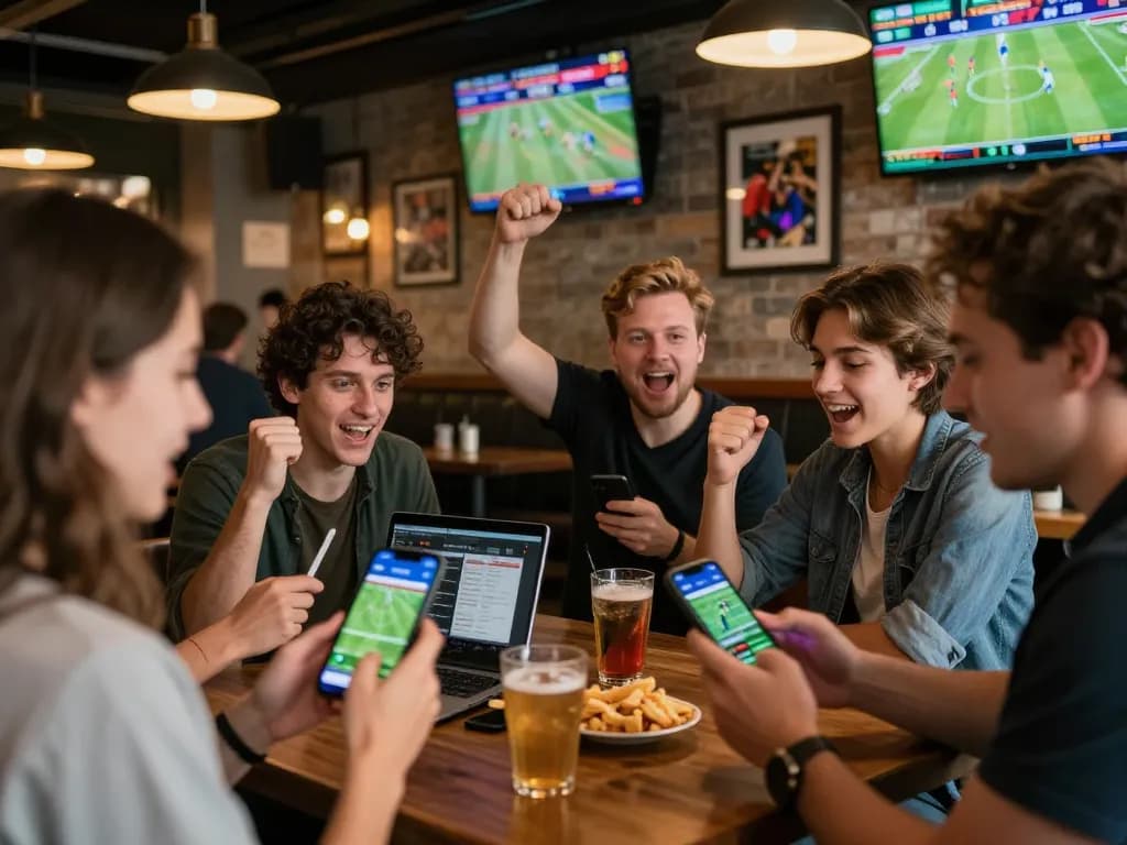 Engaged patrons using the debet betting app in a lively sports bar setting, with screens showing live odds.