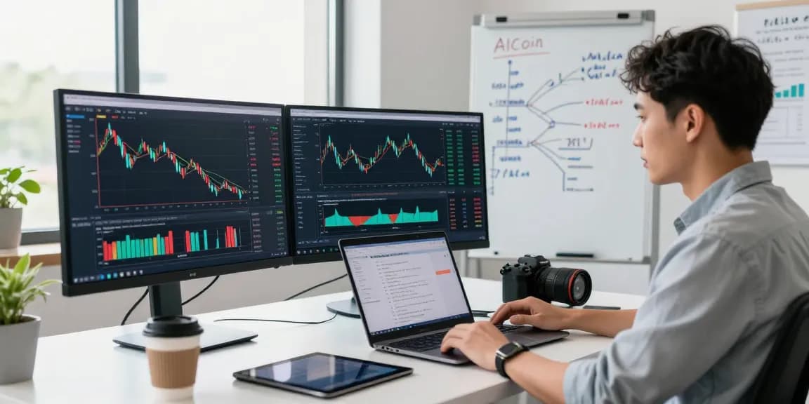 AICoin 用户在现代科技工作区分析数据，显示实时市场图表和交易策略。