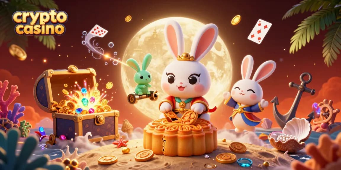 Gioca nei crypto casino mentre il coniglio della luna svela tesori e poker chips in un'atmosfera vibrante.