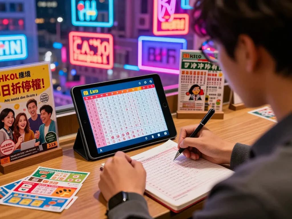 Lottery player analyzing HK Lotto results in vibrant urban setting with digital interface and colorful tickets.
