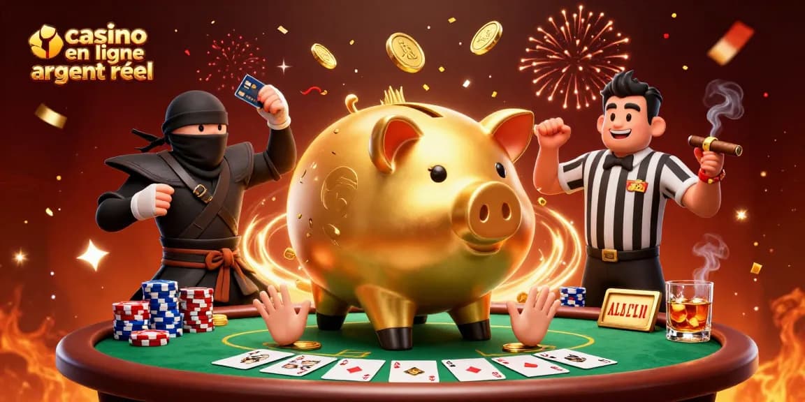 Venez découvrir l'excitation des jeux de poker avec casino en ligne argent réel dans une illustration festive remplie de pièces d'or et de personnages colorés.