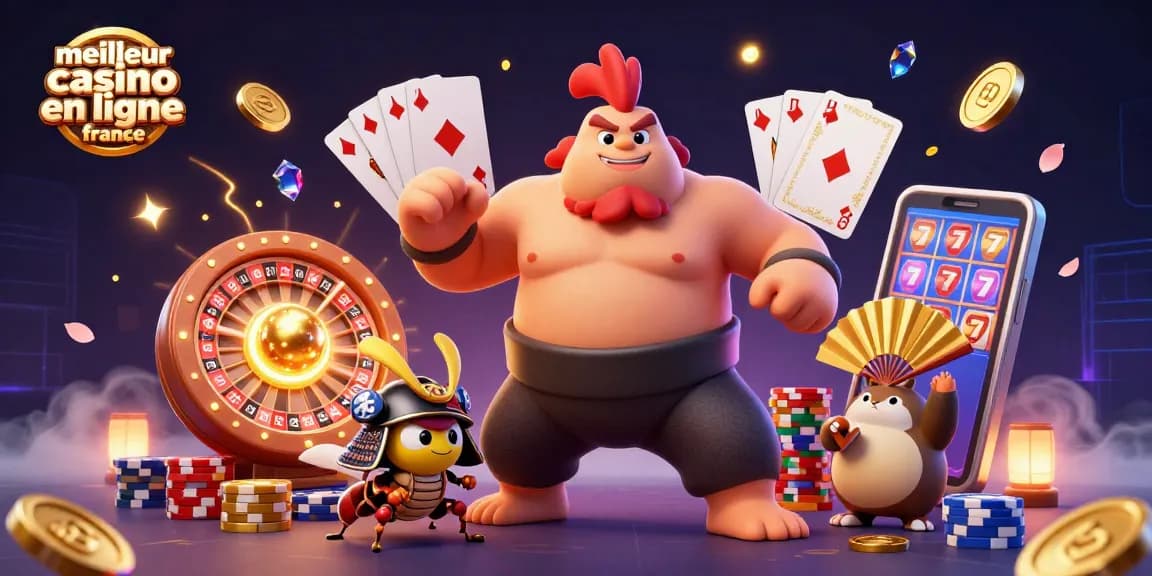Illustration captivante du meilleur casino en ligne France avec un coq sumo et un criquet samouraï