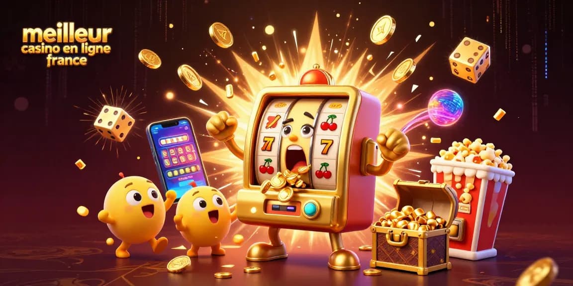 Illustration d'un meilleur casino en ligne France avec une machine à sous en or, des jetons, et des gains éclatants.