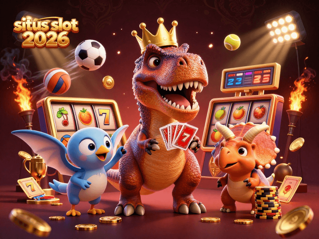 Situs slot 2026 menampilkan T-Rex lucu yang sedang bermain dengan kartu dan chip emas di latar belakang kasino yang glamor.