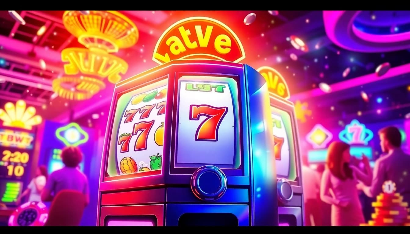 Slot777 menarik perhatian dengan mesin slot berwarna-warni dan suasana kasino yang cerah.