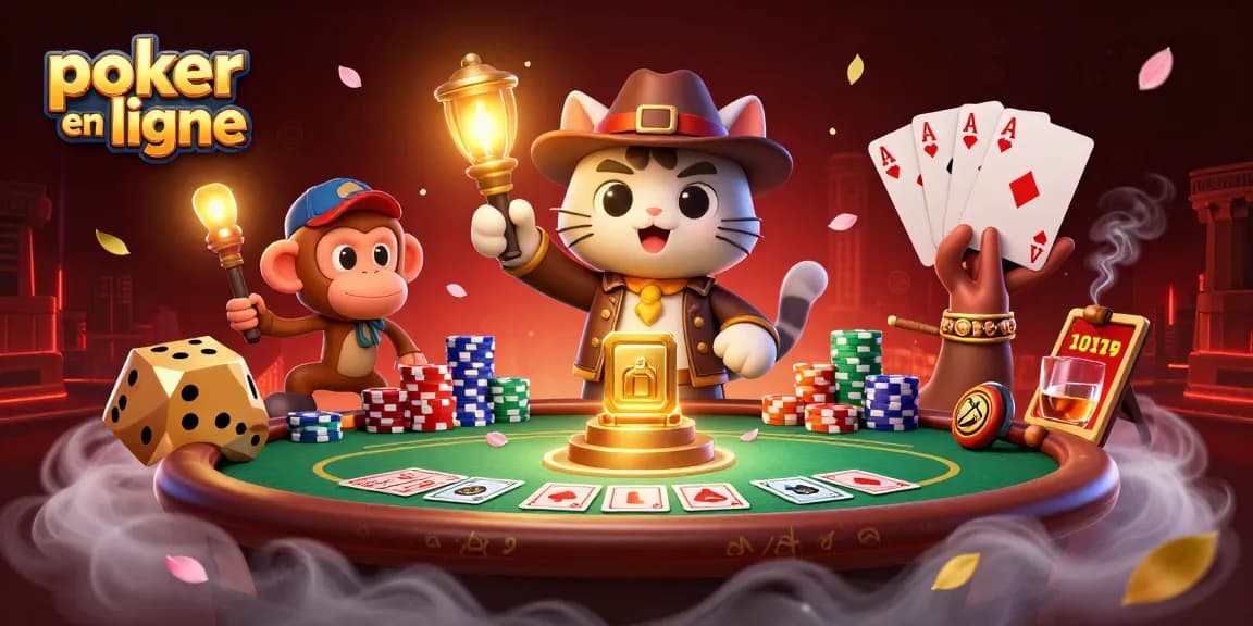Jouez au poker en ligne tout en découvrant un artefact doré, avec des tables de poker et des jetons colorés.