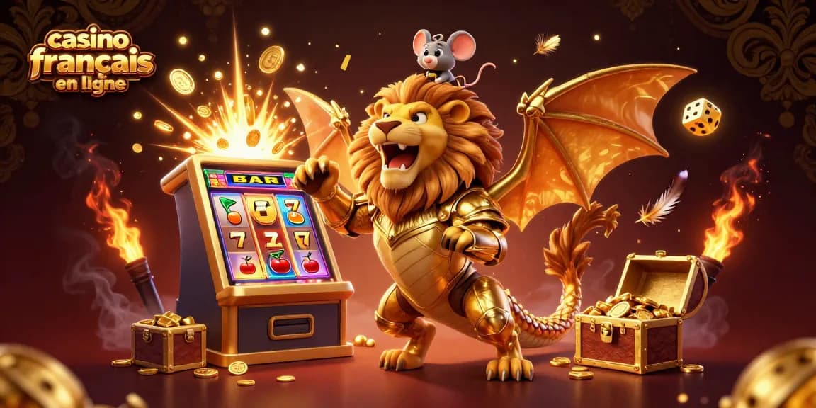 Jouez dans un casino français en ligne avec une illustration 3D animée captivante et des symboles de jackpot.