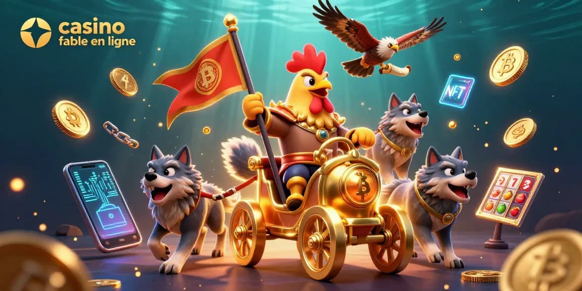 Jeu de casino fiable en ligne avec un seigneur coq en guerre, des éléments de crypto-monnaie et des machines à sous en arrière-plan.