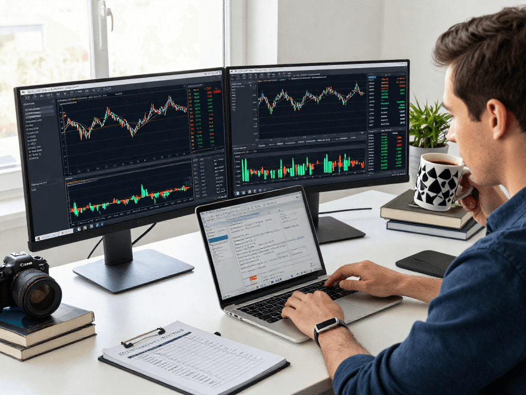 Trader analyzing market data on metatrader 5 at a modern office setup.