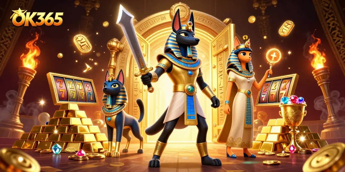 Experience the excitement of OK365 with a vibrant 3D casino scene featuring rich treasures and lively gaming.