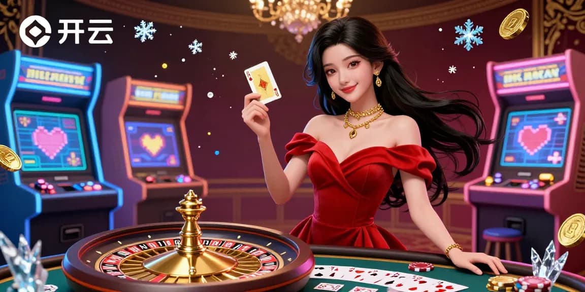 在开云的激动人心的游戏体验，一位美丽的女性手持金色扑克牌，站在金色轮盘旁边。