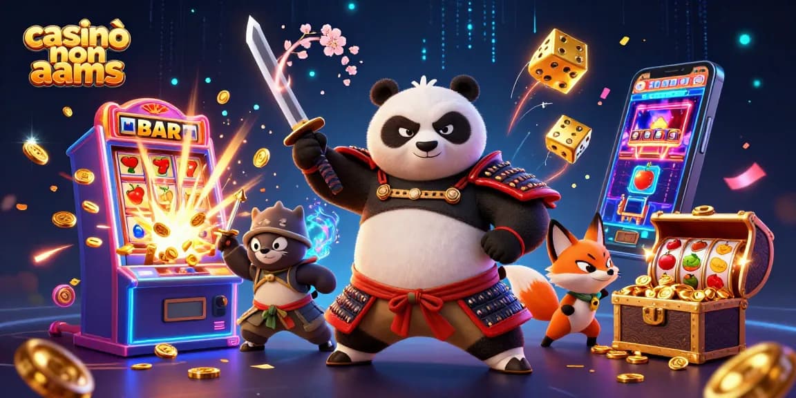 Gioca ai casinò non AAMS con il panda samurai e la volpe ninja tra simboli di fortuna e slot machine.