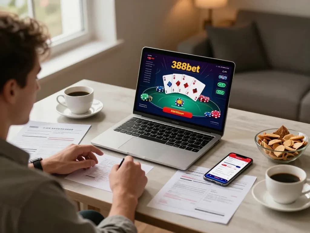 Player engages with the 388bet online casino platform, showcasing strategic betting in a cozy workspace.