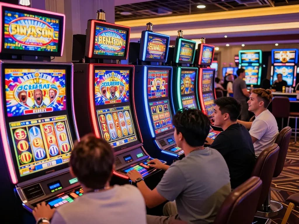 Players enjoying an exciting king slot game at the casino, celebrating winning spins with vibrant graphics.