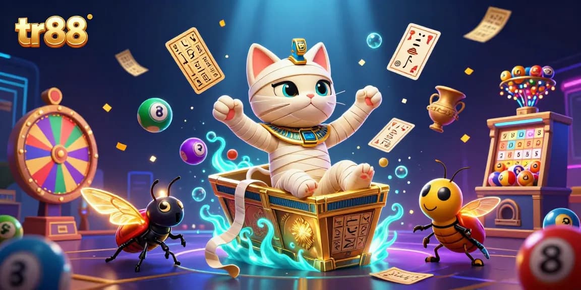Experience the thrilling world of tr88 with a vibrant 3D casino scene featuring an Egyptian mummy cat and scarab.